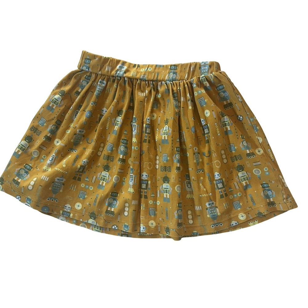 Piccolina‎ Girls Size 10 Skirt Yellow Blue Robot Elastic Short Pleat 100% Cotton